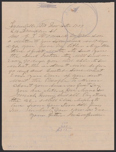 Carta de Nelson Jordan a Julia Womack con un sobre, 16 de noviembre de 1909 de Nelson Jordan