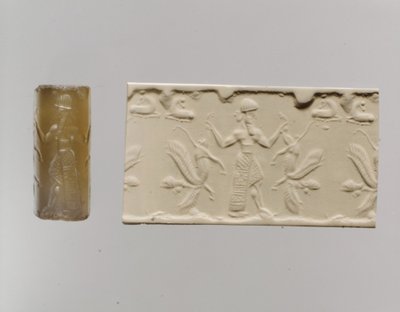 Sello cilíndrico e impresión moderna: figura masculina dominando leones alados con cabeza humana, c. siglo VIII-VII a.C. (calcedonia) de Neo Assyrian Neo Assyrian