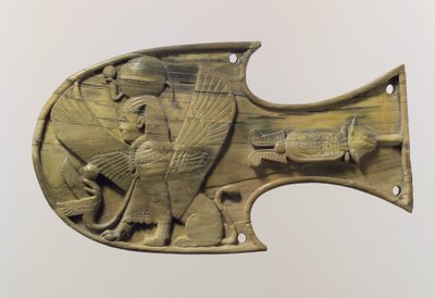 Parpadeo de caballo tallado en relieve con una esfinge sentada, c. siglo VIII a.C. de Neo Assyrian Neo Assyrian
