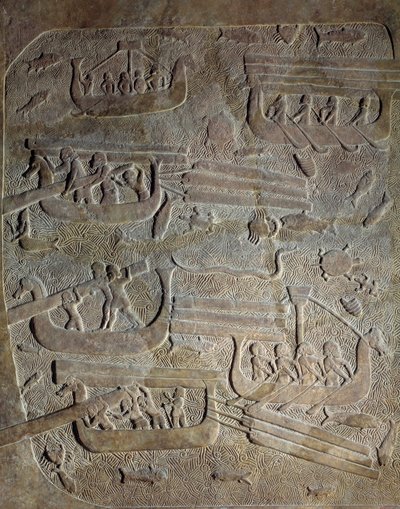 Mesopotamia en la era Neo-Asiria (alrededor de 1000-612 a.C.): expedición naval, transporte de madera desde el Líbano a lo largo de la costa fenicia, carga de barcos. Siglo VIII a.C. De Khorsabad (Khunsabad) París, Museo del Louvre de Neo Assyrian Neo Assyrian