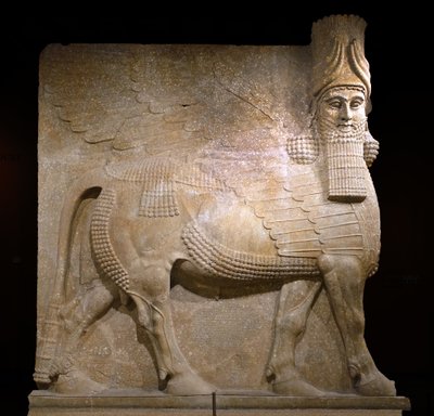 Toro alado del patio VIII en el palacio del Rey Sargón II, Khorsabad, 721-705 a.C. (¿yeso?) de Neo Assyrian Neo Assyrian