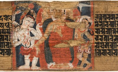 Folio 126b Descenso de Buda del Cielo, del Astasahasrika Prajnaparamita (detalle) de Nepalese School