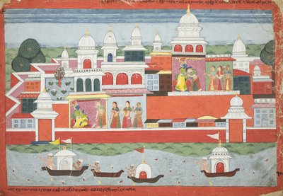 Rukmini busca el permiso de Krishna para visitar a su hermano Rukma, página de un manuscrito del Bhagavata Purana, c.1775 de Nepalese School