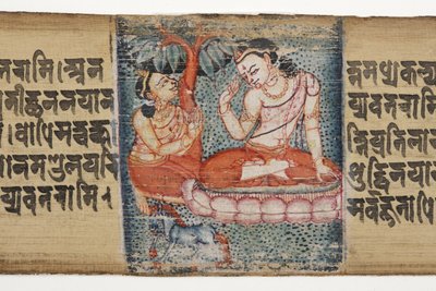 Sudhana arrodillado ante un bodhisattva, del Gandavyuha de Nepalese School