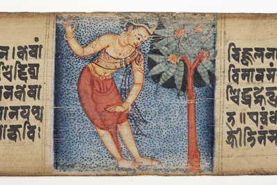 Sudhana al lado de un árbol, del Gandavyuha de Nepalese School