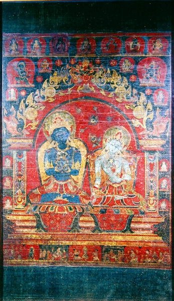 Pintura Thangka que representa al Adibuddha Vajradhara (gouache sobre seda) de Nepalese School