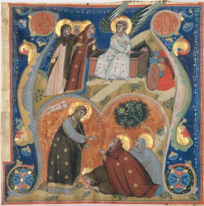Iluminación de manuscrito con escenas de Pascua en una inicial A, de un antifonario de Neri da Rimini