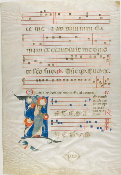 Santo nimbo en una inicial historiada "I" de un antifonario de Neri da Rimini