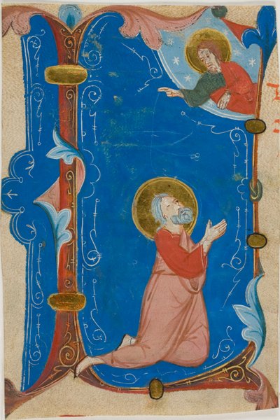 Santo orando (¿Moisés?) con Cristo en una inicial historiada "L", de un libro de coro de Neri da Rimini
