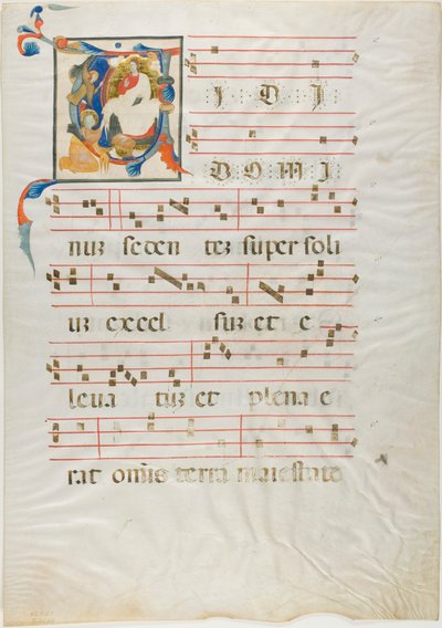 Santo arrodillado ante Dios entronizado en una inicial historiada "V" de un antifonario de Neri da Rimini