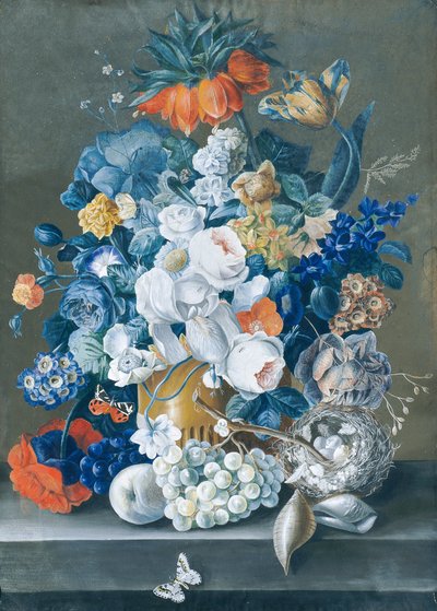 Pieza floral con frutas, nido de pájaro y mariposas de Leopold Blonder
