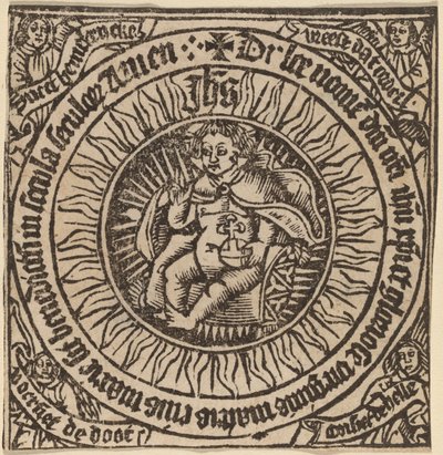 Divino infante con el globo en un círculo con cuatro ángeles de Netherlandish 15th Century