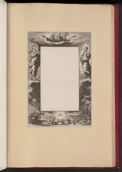 Ilustración de borde con Dios Padre, dos santos y una serpiente de Netherlandish 17th Century