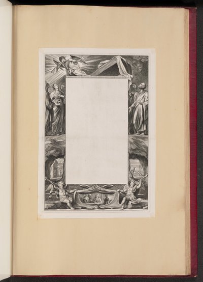 Ilustración de borde con santos y escenas de la vida de Cristo de Netherlandish 17th Century