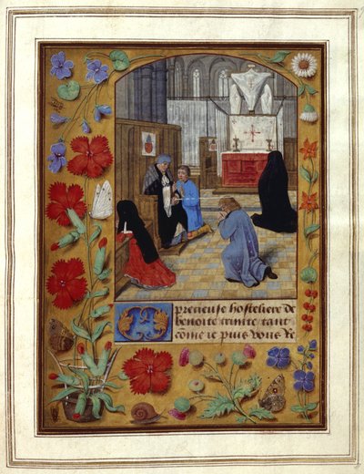 Agregar. 25698, f.9 Ayuno y oración en la iglesia, ilustración de un 