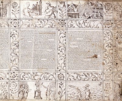 Manuscrito iluminado en escritura sefardí, mostrando escenas de la vida holandesa y la Biblia con cartuchos florales, siglo XVII de Netherlandish School