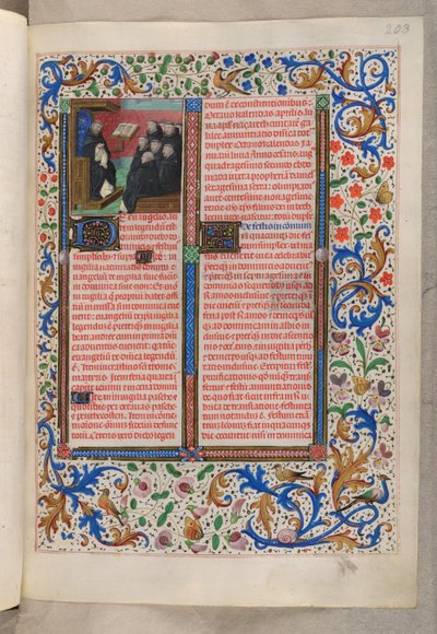 MS 18851, f.203r Un dominico leyendo a sus hermanos (Rúbricas para fiestas), Breviario, Uso de los Dominicos (