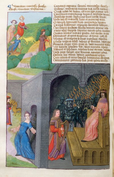 Orfeo y Eurídice, Cerbero y Plutón, de Metamorfosis 10 de Ovidio, 1479 de Netherlandish School