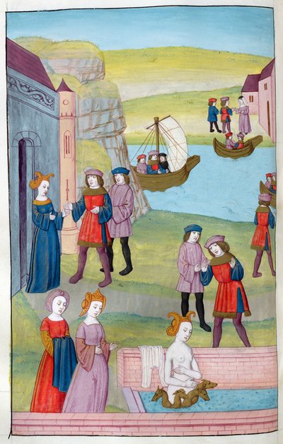 Scylla rechaza a Glaucus, la poción de amor de Circe deforma a Scylla, de Metamorfosis 14 de Ovidio, 1479 de Netherlandish School
