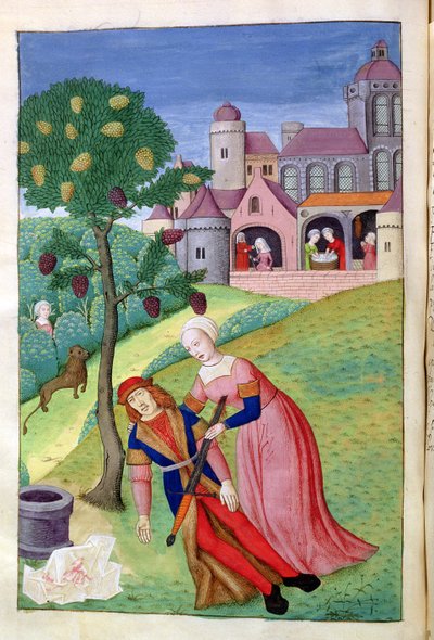 Alcithoe, Píramo y Tisbe, el árbol de morera cambia de color, de Metamorfosis de Ovidio, 1479 de Netherlandish School