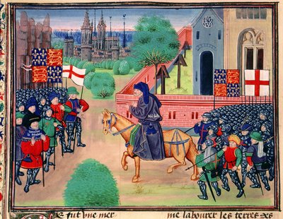 Roy 18 E I f.165v Revuelta de campesinos mostrando las banderas de Inglaterra y St. George, John Ball liderando a los rebeldes, ilustración de 