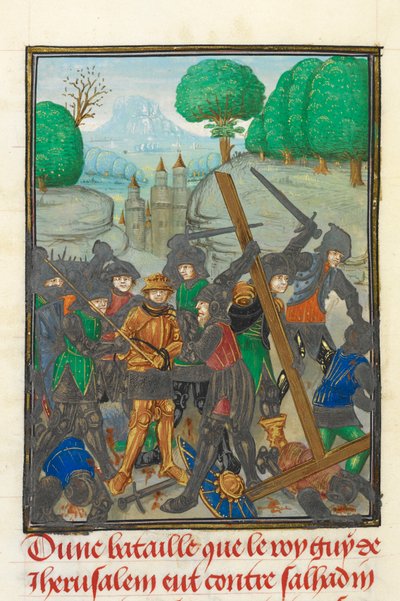 Royal 15 E.I, f.433v La derrota de Guy de Lusignan y la pérdida de la Santa Cruz, ilustración de 