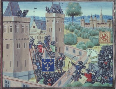Royal 18 E.1 fol.345 La captura del castillo de Wark por los franceses y los escoceses, del Libro II de 