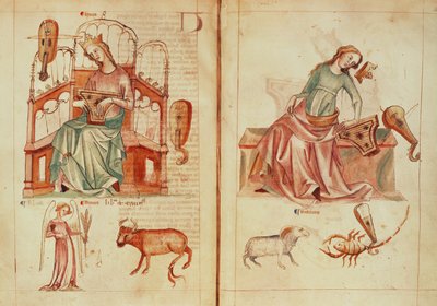 Sloane MS 3983 fol.42v-43 Venus tocando un instrumento con sus signos regentes y en detrimento, de 