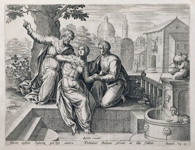 Susana y los ancianos, de una serie que ilustra escenas de La Biblia, pub. por Claes Jansz Visscher c.1590 de Netherlandish School