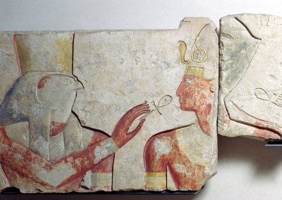 El encuentro del faraón y Horus, detalle de un friso que representa a Ramsés II (1298-32 a.C.) entre los dioses, de Abidos, c.1275 a.C. (piedra pintada) de New Kingdom Egyptian