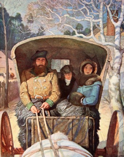 La familia Fraser abrigada en el carruaje tirado por caballos de Newell Convers (after) Wyeth