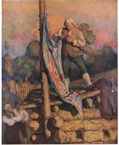 El capitán Smollett desafía a los amotinados: luego subiendo al techo, él mismo izó los colores de Newell Convers Wyeth