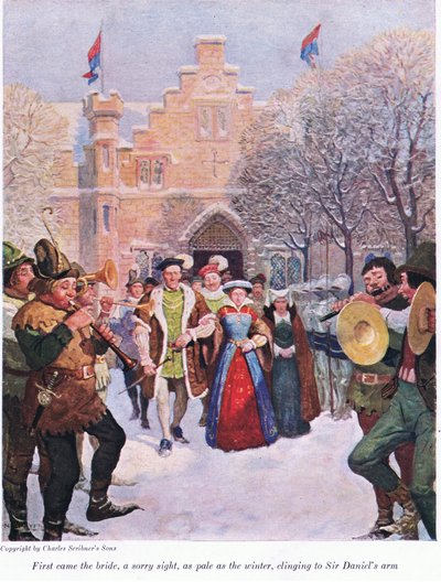 Primero vino la novia, una vista lamentable, tan pálida como el invierno, aferrada al brazo de Sir Daniel, 1916 de Newell Convers Wyeth