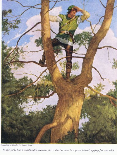 En la bifurcación como un marinero en el mástil, había un hombre con un tabardo verde, espiando lejos y ancho, 1916 de Newell Convers Wyeth