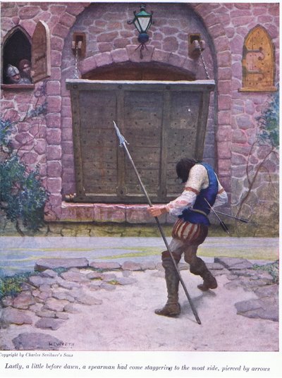 Finalmente, poco antes del amanecer, un lancero llegó tambaleándose al borde del foso, atravesado por flechas, 1916 de Newell Convers Wyeth