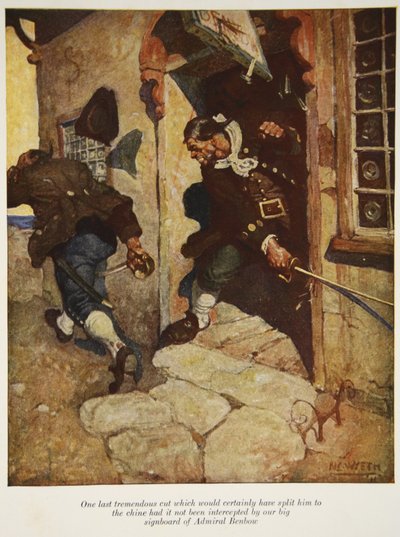 Un último corte tremendo que ciertamente lo habría partido en dos si no hubiera sido interceptado por nuestro gran cartel de Almirante Benbow, una ilustración de La Isla del Tesoro de Robert Louis Stevenson de Newell Convers Wyeth