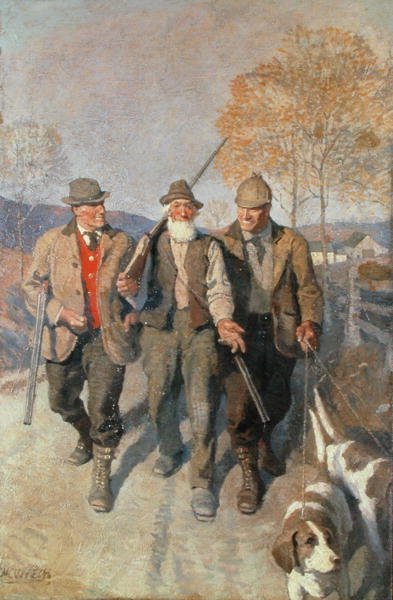 Tres cazadores y perros de Newell Convers Wyeth