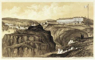 Whitby, Khyber Pass (Inglaterra), con una vista general de los edificios y el fuerte de la ciudad. Litografía, grabada por Newman  Co, publicada por S.Reed. de Newman & Co.