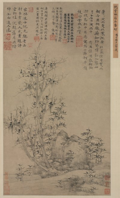 Bambú, roca y árbol alto, c. 1300s de Ni Zan