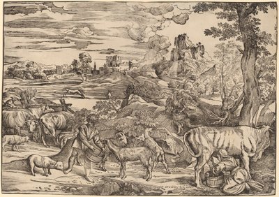 Paisaje con una lechera de Niccolò Boldrini after Titian