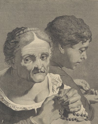 Copia inversa de una anciana con un rosario y un niño contando monedas, placa 10, ca. 1750-90 de Niccolò Cavalli