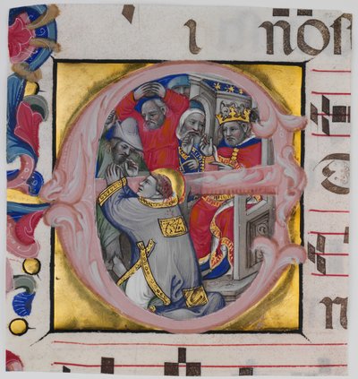 Iluminación de Manuscrito con el Martirio de San Esteban en una Inicial E, c. 1394-1402 de Niccolò di Giacomo da Bologna