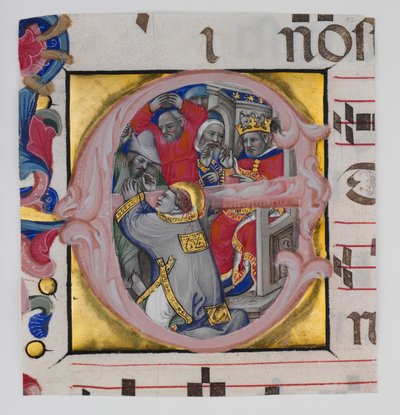 Iluminación de manuscrito con el martirio de San Esteban en una inicial E de Niccolò di Giacomo da Bologna