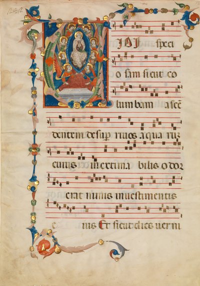 Hoja de manuscrito con la Asunción de la Virgen en una inicial V, de un antifonario, ca. 1340 de Niccolò di ser Sozzo