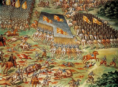 La Batalla de San Quintín, que vio la victoria de los españoles sobre los franceses en 1557, durante las Guerras Italianas (detalle) de Niccolo (and workshop) Granello