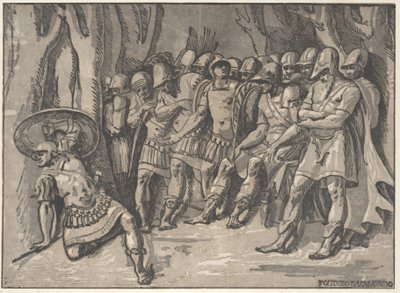 Ajax en la parte inferior izquierda sosteniendo un escudo en alto, a la derecha está Agamenón rodeado por su séquito, 1540-50 de Niccolo Vicentino