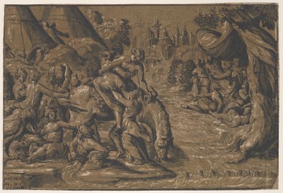 Cloelia la heroína romana en el centro siendo ayudada a montar un caballo, Roma al fondo de Niccolo Vicentino