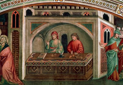 Llamada de San Mateo Evangelista, escena de Las historias de San Mateo, ca 1390, por Niccolò di Pietro Gerini, fresco, capilla Migliorati, Iglesia de San Francesco, Prato, Toscana, Italia de Niccolo di Pietro Gerini