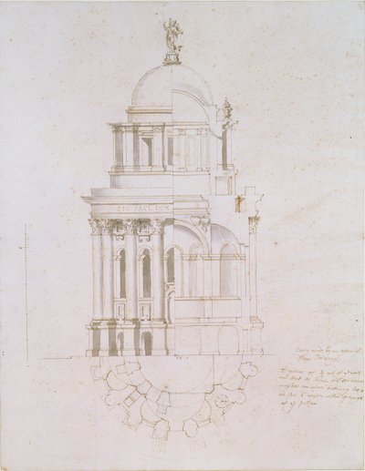 Elevación, sección transversal y plano de un baptisterio no realizado para la Catedral de San Pablo, c.1711-12 de Nicholas Hawksmoor