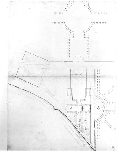 Plano del sitio del esquema I, Hampton Court, 1689 de Nicholas Hawksmoor